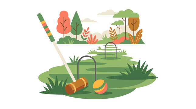 Croquet Game in a Lush Park Setting - Flat Design Illustration