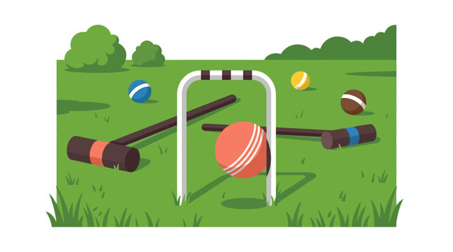 Croquet Game Setup on Green Lawn with Balls and Mallets
