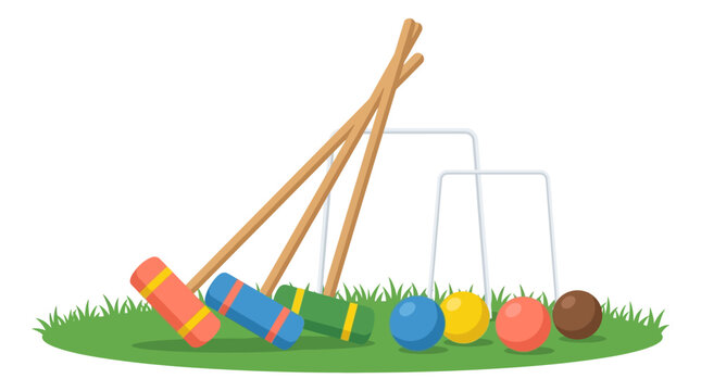 Croquet Game Set: Mallets, Balls, and Hoops on Green Grass