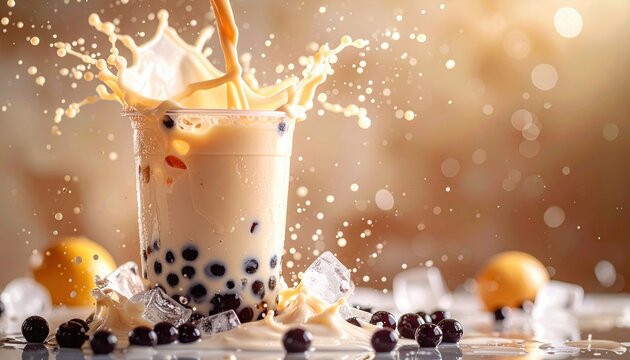Bubble tea with creamy milk splash, tapioca pearls and ice in dynamic beverage styling