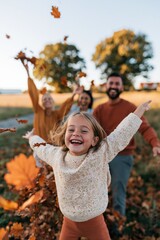 Obraz premium Joyful child in sweater running toward camera while family throws autumn leaves in a golden field on a sunny fall day