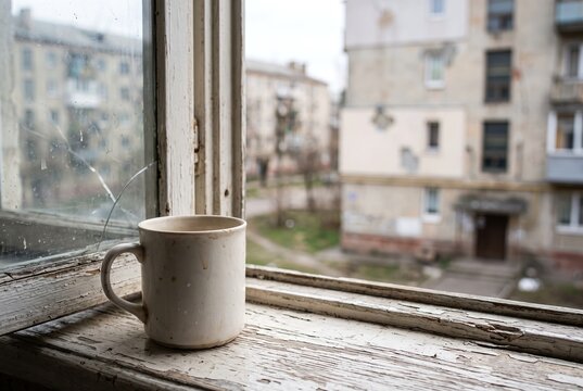 A white mug sits on a wooden windowsill overlooking an urban scene. The buildings are damaged. The atmosphere shows signs of conflict. It appears to