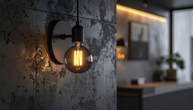 Minimalist black wall sconce with glowing Edison bulb