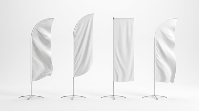 Set of blank white feather beach event advertising flag banner mockups on metal stands