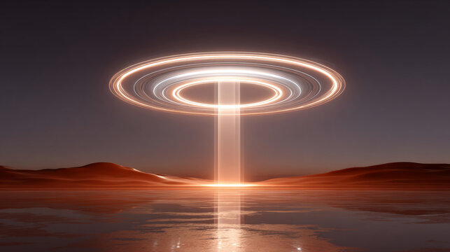 A ring of light appears to hover above a desert landscape, with beams shooting upward into the sky
