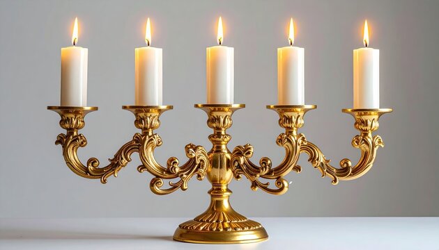 Golden candelabra with three burning white candles, elegant classic decoration