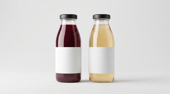 Two clear glass beverage juice bottles with blank white label isolated on white desk