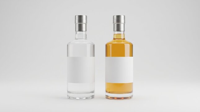 Two clear glass liquor bottles with blank labels for vodka and whiskey packaging mockup