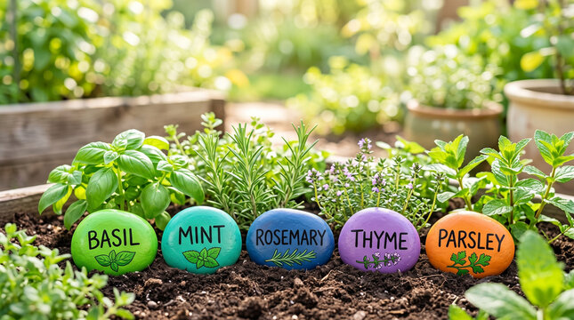 DIY painted rock garden markers with herbs in a vibrant garden  