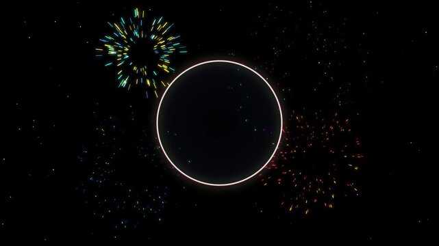 Neon circle frame with colorful fireworks on black background