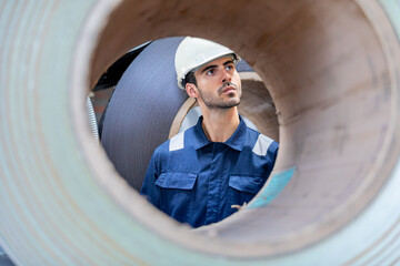 Caucasian male engineer seen through steel coil frame in factory warehouse © atitaph