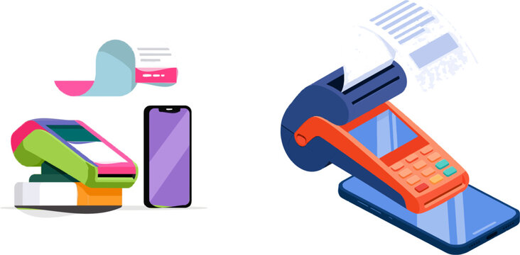 A vibrant, colorful flat vector illustration depicts a digital receipt floating from a card reader machine onto a smartphone against a white background, highlighting the seamless integration of