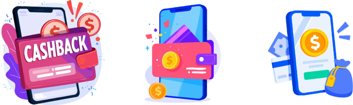 A vibrant flat vector illustration depicts a colorful digital wallet app showing cashback bonus after an online negotiation, with a white background and red coins symbolizing the reward