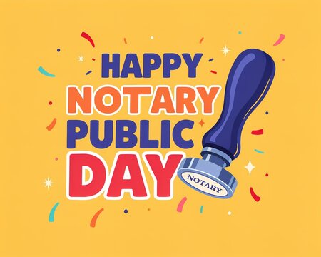 Happy notary public day greeting card design with a rubber stamp illustration on yellow background