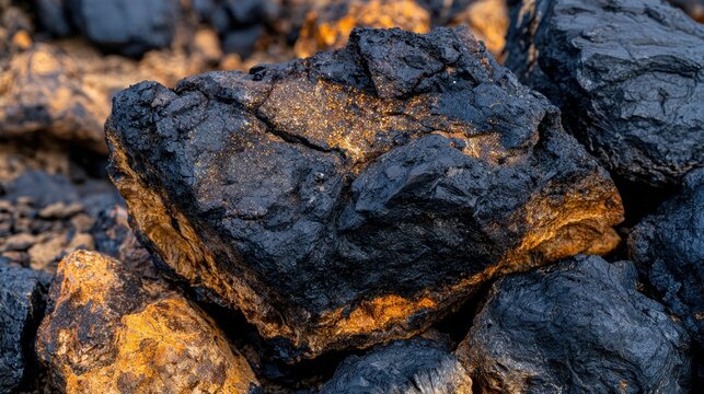 Close-up of textured black and orange rock formations with natural lighting accentuating details