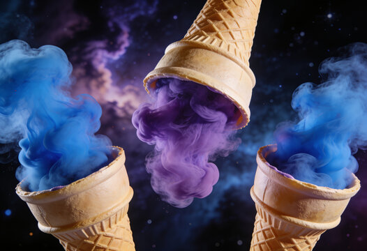 Ice cream cones emitting purple blue smoke clouds in cosmic nebula space setting surreal fantasy 3D render