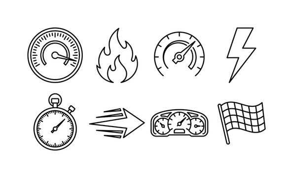 Fast Speed Measurement, line icon set featuring speedometer, flame symbol, gauge needle, lightning bolt, stopwatch, fast arrow, dashboard meter, racing flag, covering speedometer, fast performance,