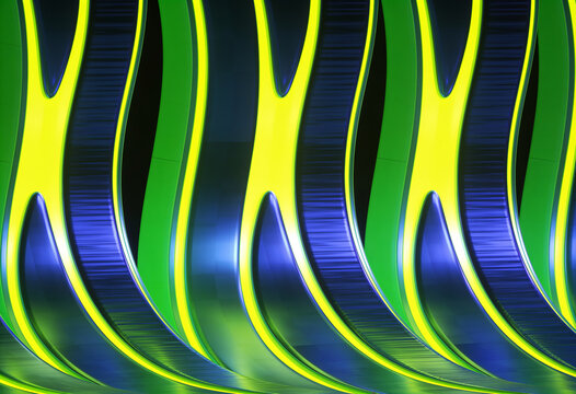 Abstract green and blue metallic waving ribbons with vibrant lime yellow edges in vertical wavy pattern 3D render