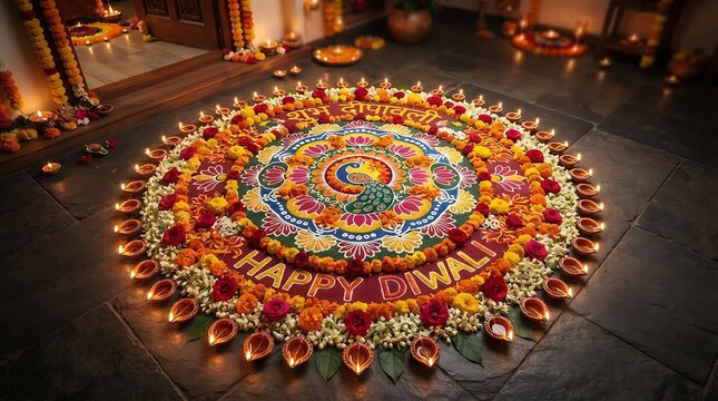 Rangoli photo Diwali celebration traditional floor art colorful mandala with lit diyas