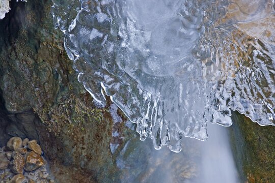 Ice formations along a stream in Steinwandklamm Ravine, Lower Austria, Austria, Europe