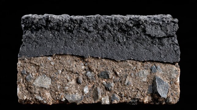 Cross-section of asphalt and aggregate showing distinct layers and textures for evaluation