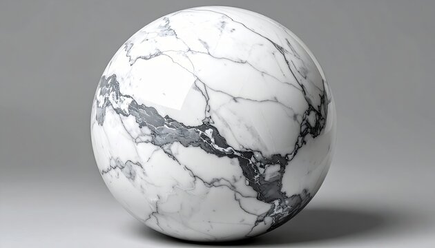 White marble sphere with natural grey mineral veins and polished stone texture