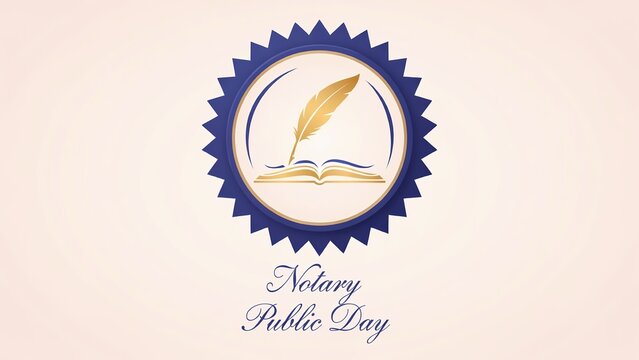 Notary public day emblem with a quill pen and open book icon