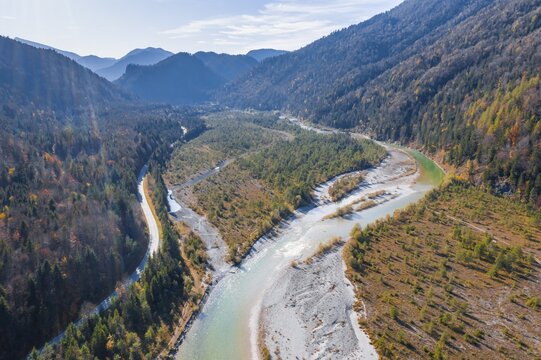 Aerial view, natural riverbed of the Isar after the Sylvenstein reservoir, wild river landscape Isartal, Bavaria, Germany