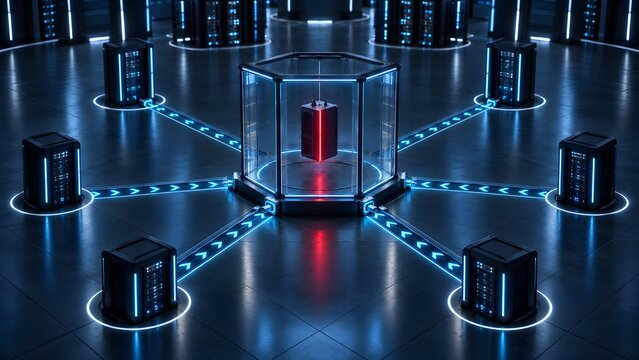 Futuristic data center with glowing servers connected by light streams central server in a glass enclosure representing network infrastructure and digital technology.