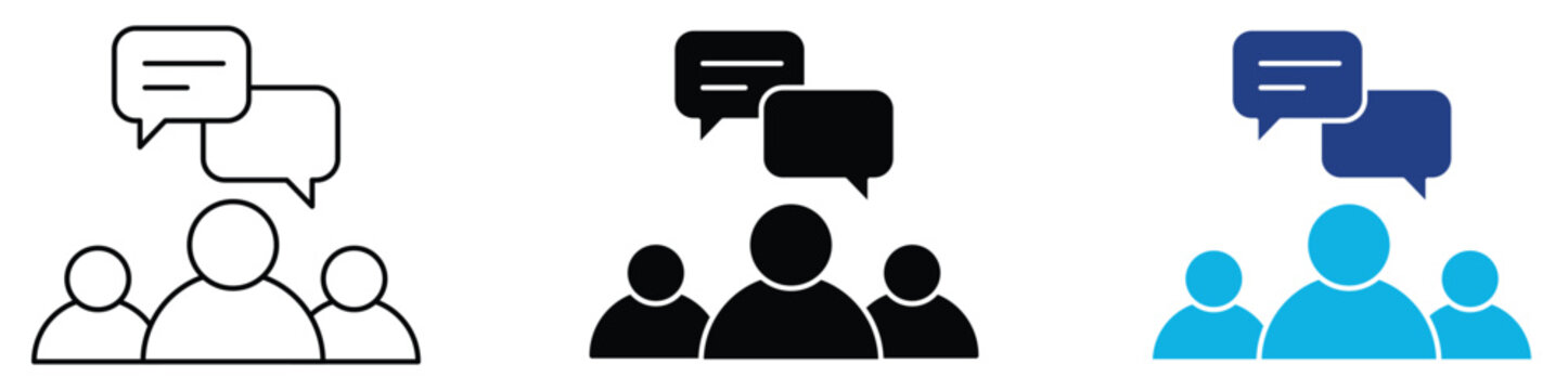 Team communication icon.  Group chat icons, User discussion symbols, Community conversation icons, Social interaction vector icons.