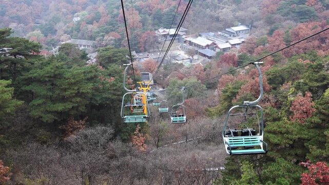 Chairlifts transportation to tower 6 of the Mutianyu section of the Great Wall of China in Beijing, during autumn with scenic autumn colors