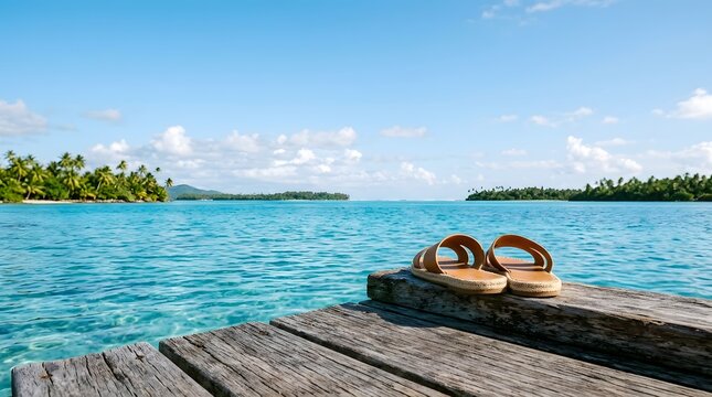 Summer sandals on a wooden jetty over tropical water.
