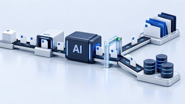 AI powered automated data processing system sorting and storing digital documents and files on a conveyor belt with databases and folders