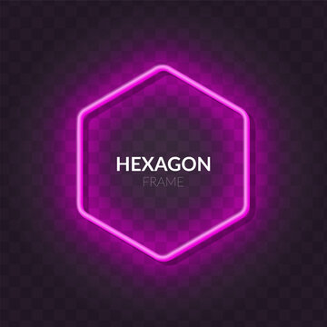 Neon pink glowing hexagon frame on a dark transparent background. Futuristic geometric border with luminous effect.