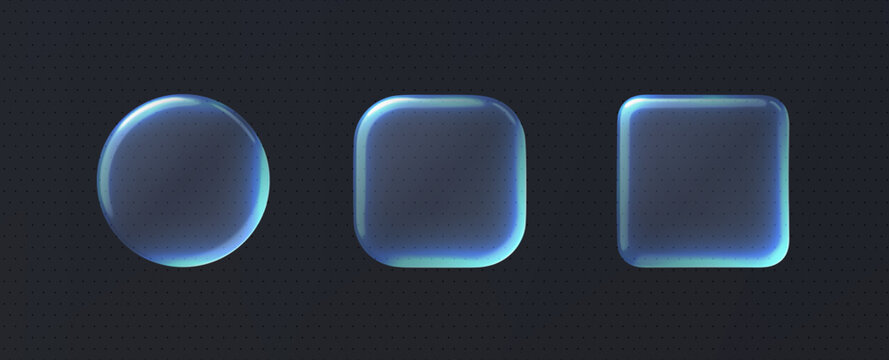 Set glossy glass UI element in circle and rounded square shapes with blue glow, transparent effect and luminous edges on a dark background.