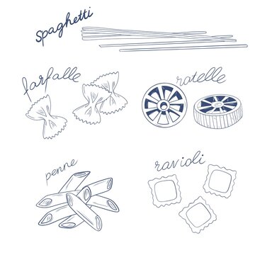 Hand drawn italian pasta varieties set with handwritten text labels line art vector illustration isolated on background