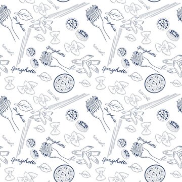 Italian pasta seamless pattern with spaghetti fork farfalle penne ravioli line art vector illustration for wallpaper background