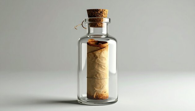 Rolled message inside a clear glass bottle with cork stopper