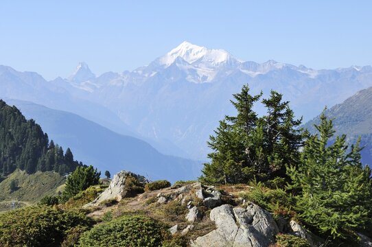 View from Riederfurka Mountain towards the Matterhorn and Dom mountains, Riederalp, Goms, Valais, Switzerland, Europe