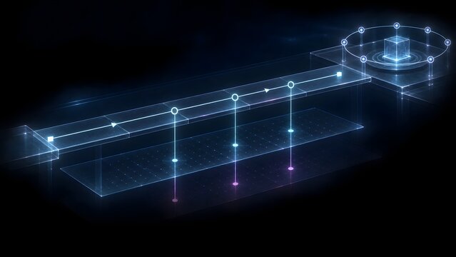 Abstract digital flowchart or process diagram with glowing nodes and connecting lines on a dark background representing data flow and analysis.