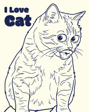 Funny meme cat with human lips and big eyes doodle line art illustration
