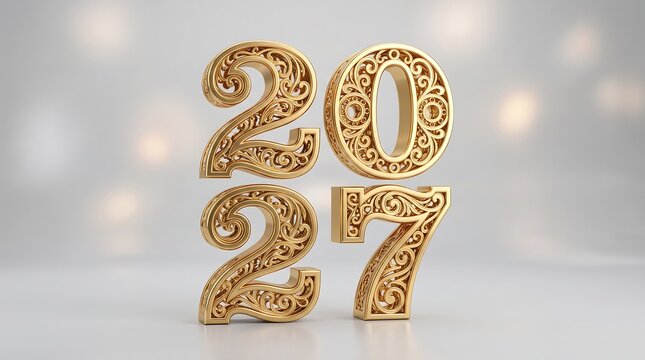 Ornate 3D filigree gold 2027 numbers arranged stacked in two rows against soft bokeh background