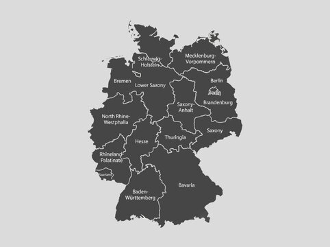 Detailed Map of Germany with Federal States and Names - Grayscale Administrative Regions and Bundesl&auml;nder Map