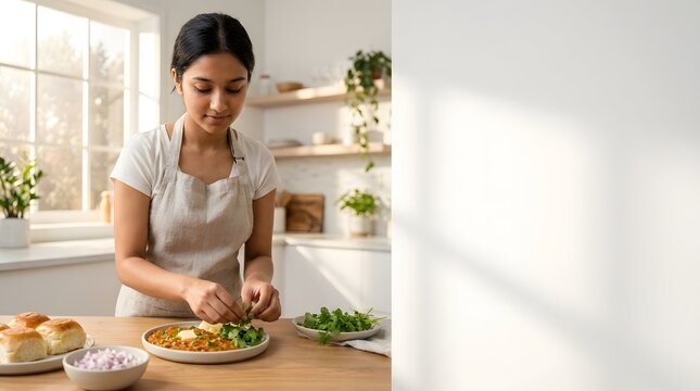 Young woman preparing traditional Indian Pav Bhaji in home kitchen.