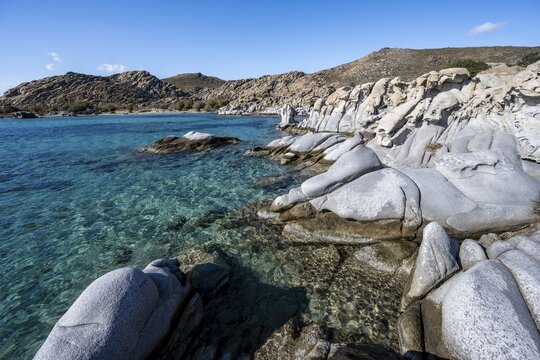 Rock formations on the coast with turquoise sea, Kolimbithres beach, Paros, Cyclades, Aegean Sea, Greece