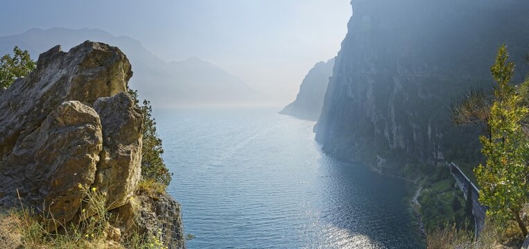 View from the old coastal road and hiking trail Via Ponale, Riva del Garda, Lake Garda North, Trento, Trentino-Alto Adige, Italy