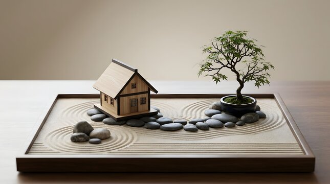 Zen Garden Miniature House and Bonsai Tree.