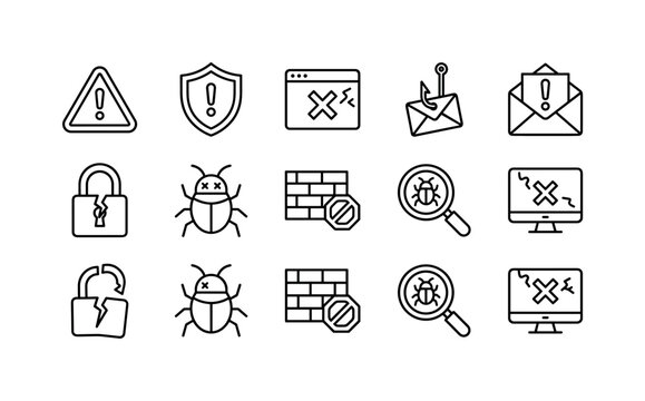Cyber Warning Alerts, line icon set featuring warning triangle, shield alert, browser error, phishing hook symbol, suspicious envelope, broken lock, malware bug, exclamation mark, firewall brick,