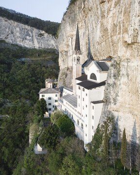 Aerial view, Sanctuary on a steep slope, Chapel of Madonna della Corona, near Spiazzi, Ferrara di Monte Baldo, Province of Verona, Veneto, Italy