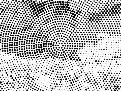 Abstract halftone dot pattern background in black and white, featuring radial waves and circular gradients